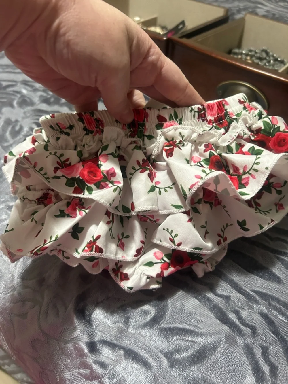 White Floral Ruffle Bloomers with Matching Bow Headband - Pink Rose Print
